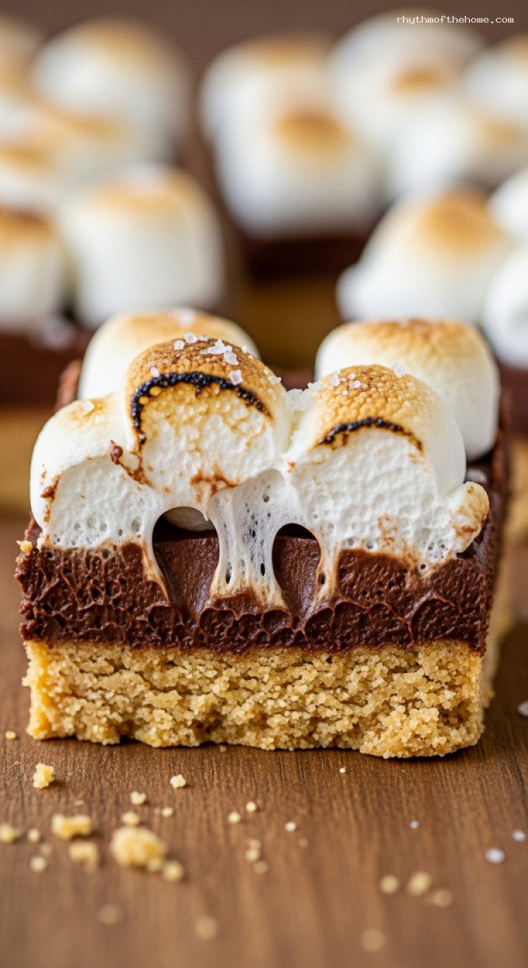 Gooey S’mores Bars with Toasted Marshmallow Topping – Closeup