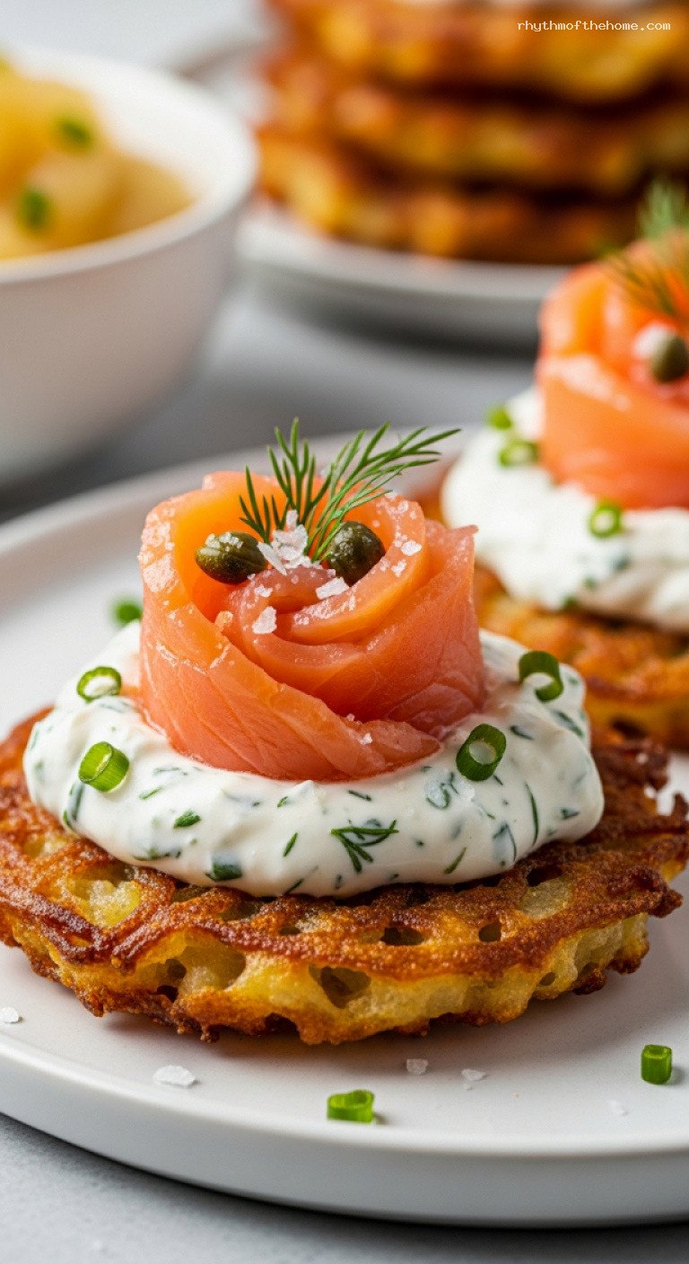 Hanukkah Latke Platter With Classic Toppings and Smoked Salmon – Closeup