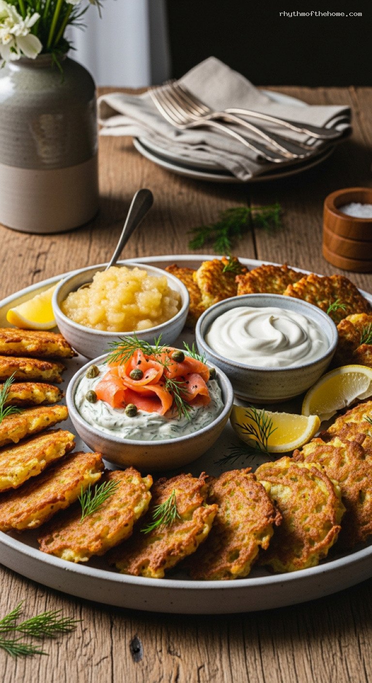 Hanukkah Latke Platter With Classic Toppings and Smoked Salmon