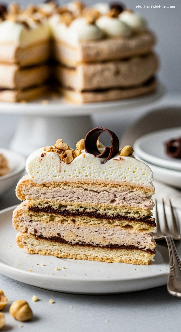 Hazelnut Dacquoise with Whipped Cream and Chocolate Ganache – Closeup