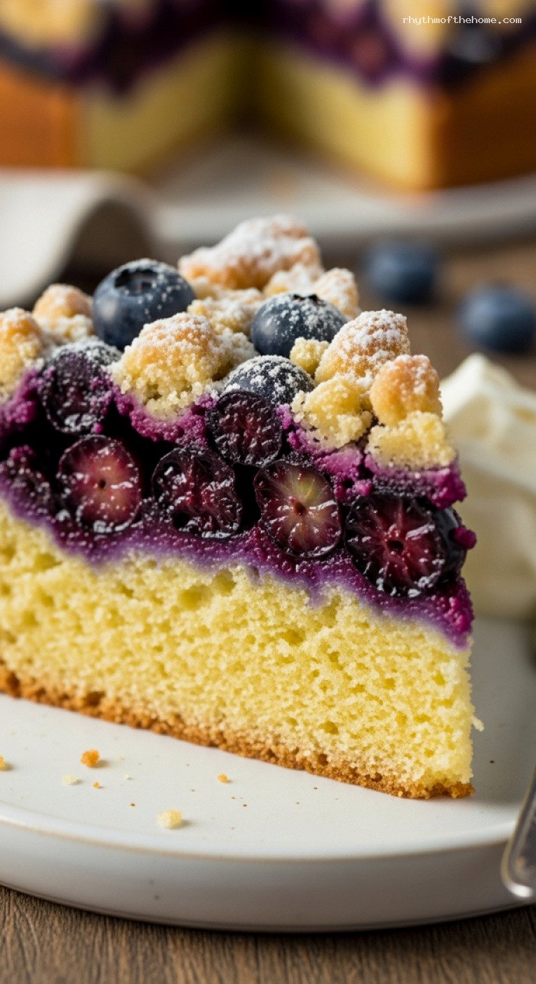 Heidelbeerkuchen: Rustic German Blueberry Streusel Cake – Closeup