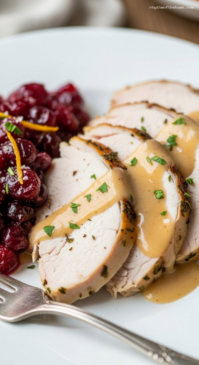 Herb Butter Roast Turkey With Pan Gravy and Cranberry Orange Relish – Closeup