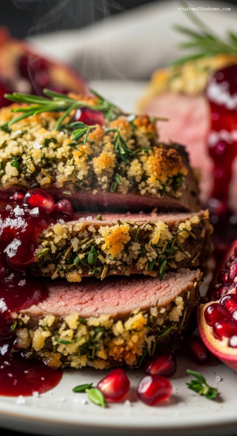 Herb-Crusted Holiday Leg of Lamb with Pomegranate Glaze – Closeup