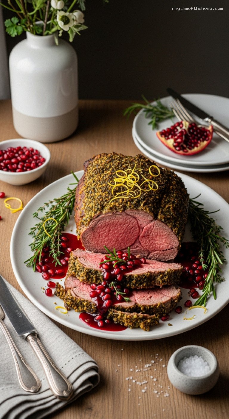 Herb-Crusted Holiday Leg of Lamb with Pomegranate Glaze
