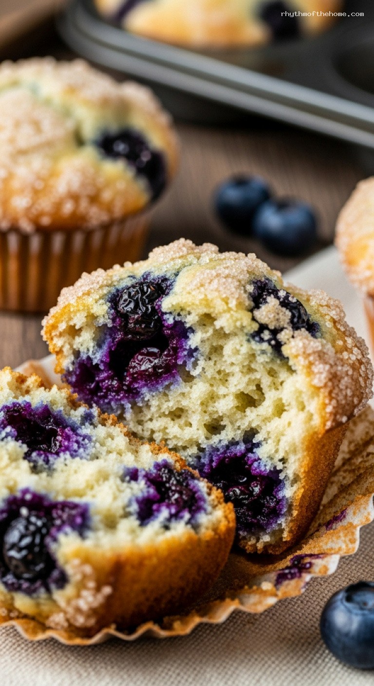 High-Domed Blueberry Muffins With Crunchy Sugar Tops – Closeup