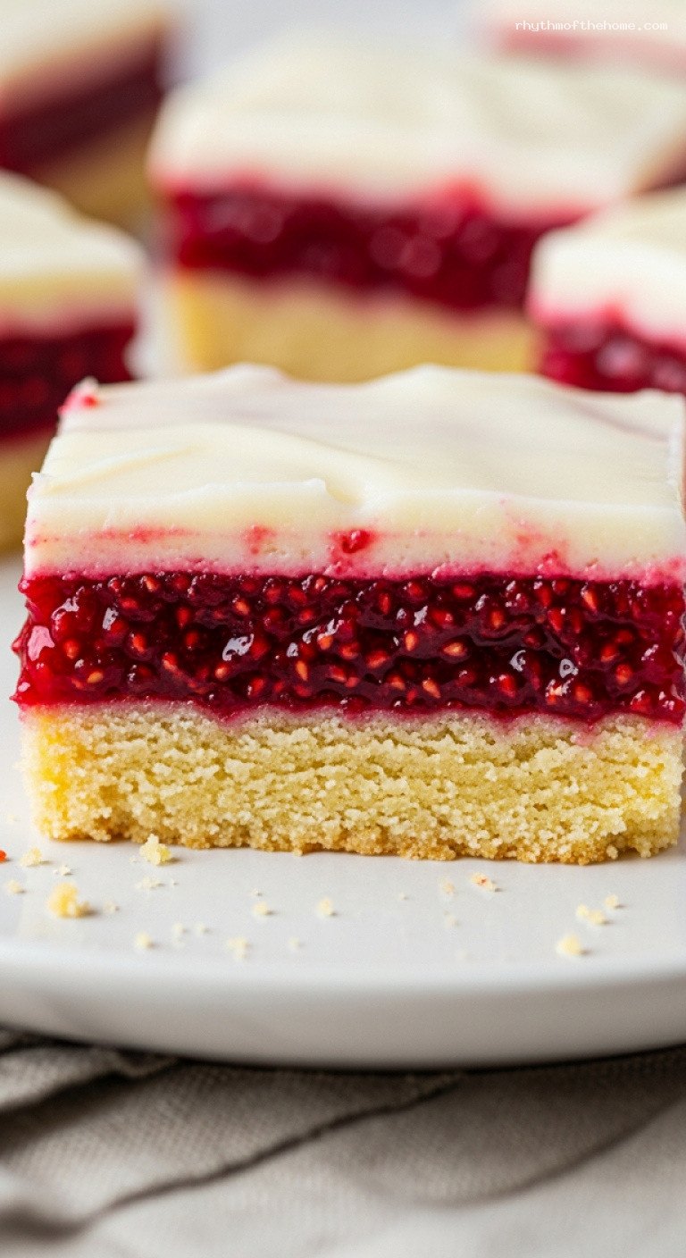 Himbeerschnitten: Raspberry Shortcrust Bars With Icing – Closeup