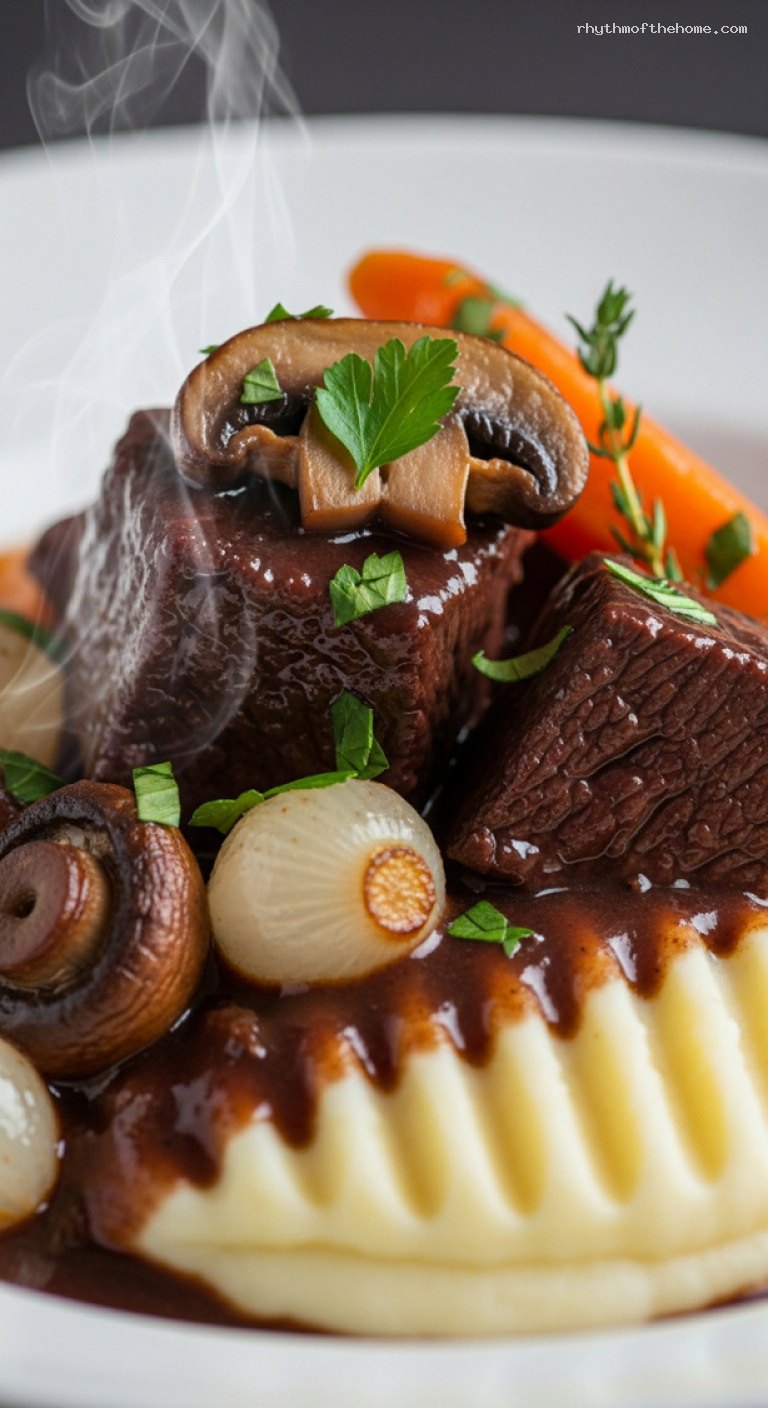 Holiday Beef Bourguignon With Red Wine and Bacon – Closeup