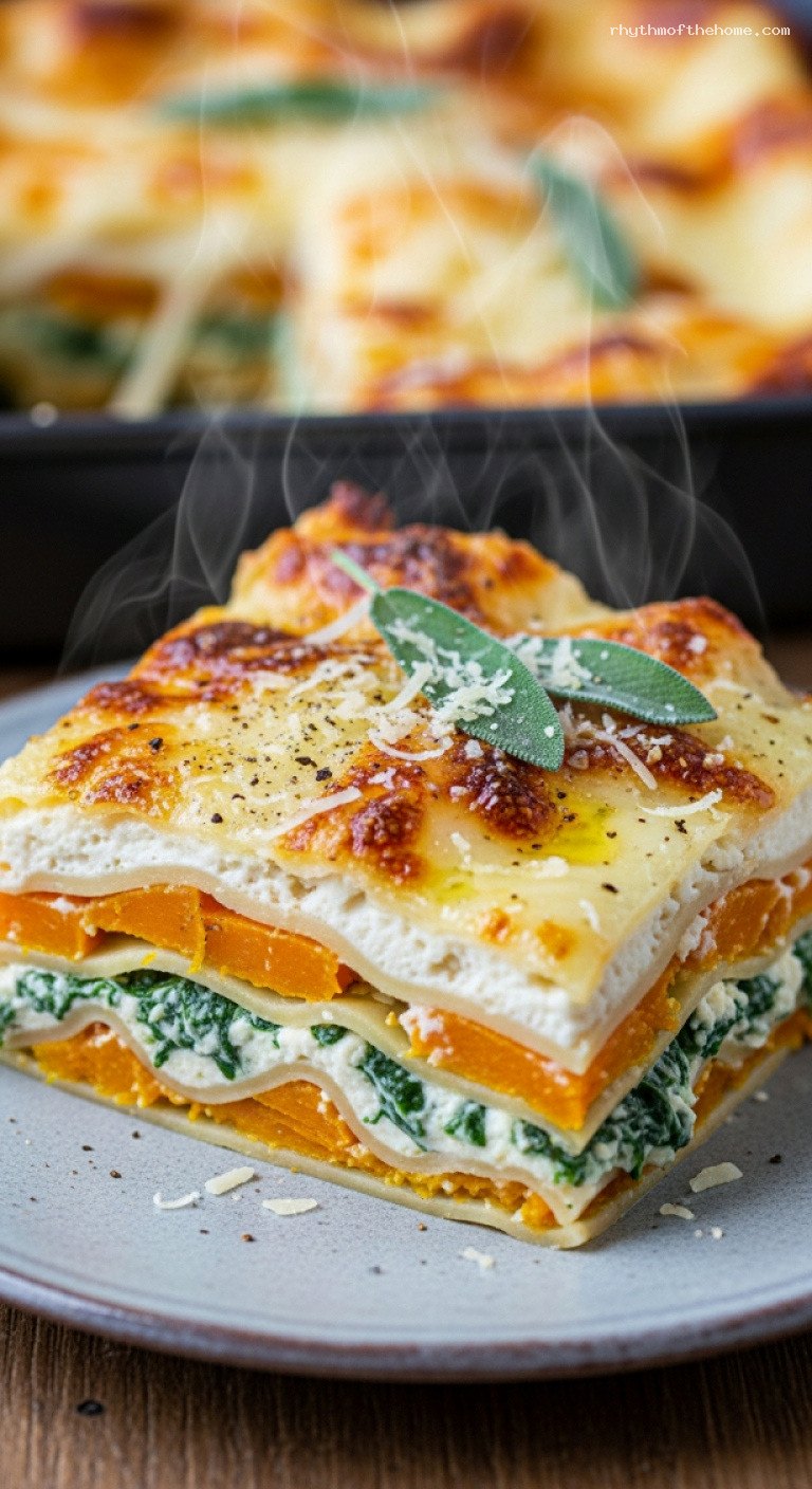 Holiday Butternut Squash and Spinach Lasagna with Béchamel – Closeup