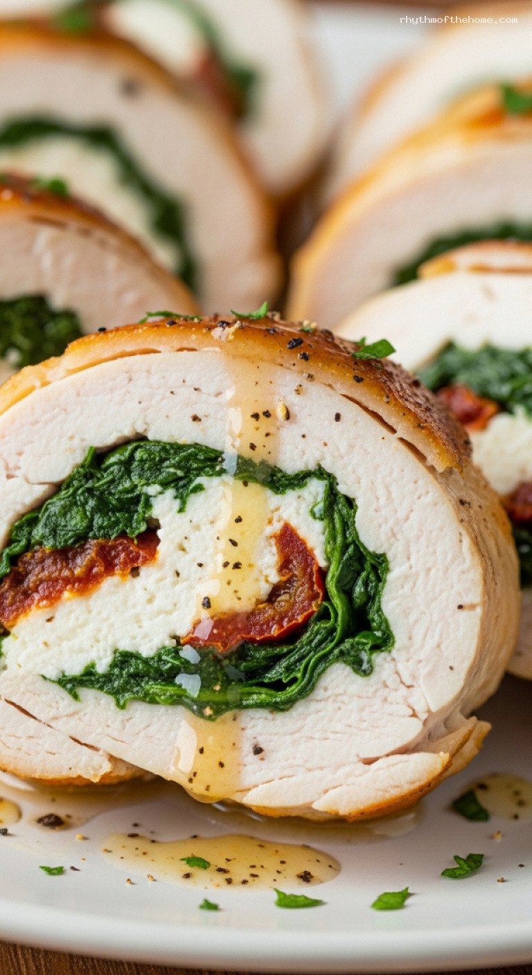 Holiday Chicken Roulade with Spinach, Ricotta and Sun-Dried Tomatoes – Closeup