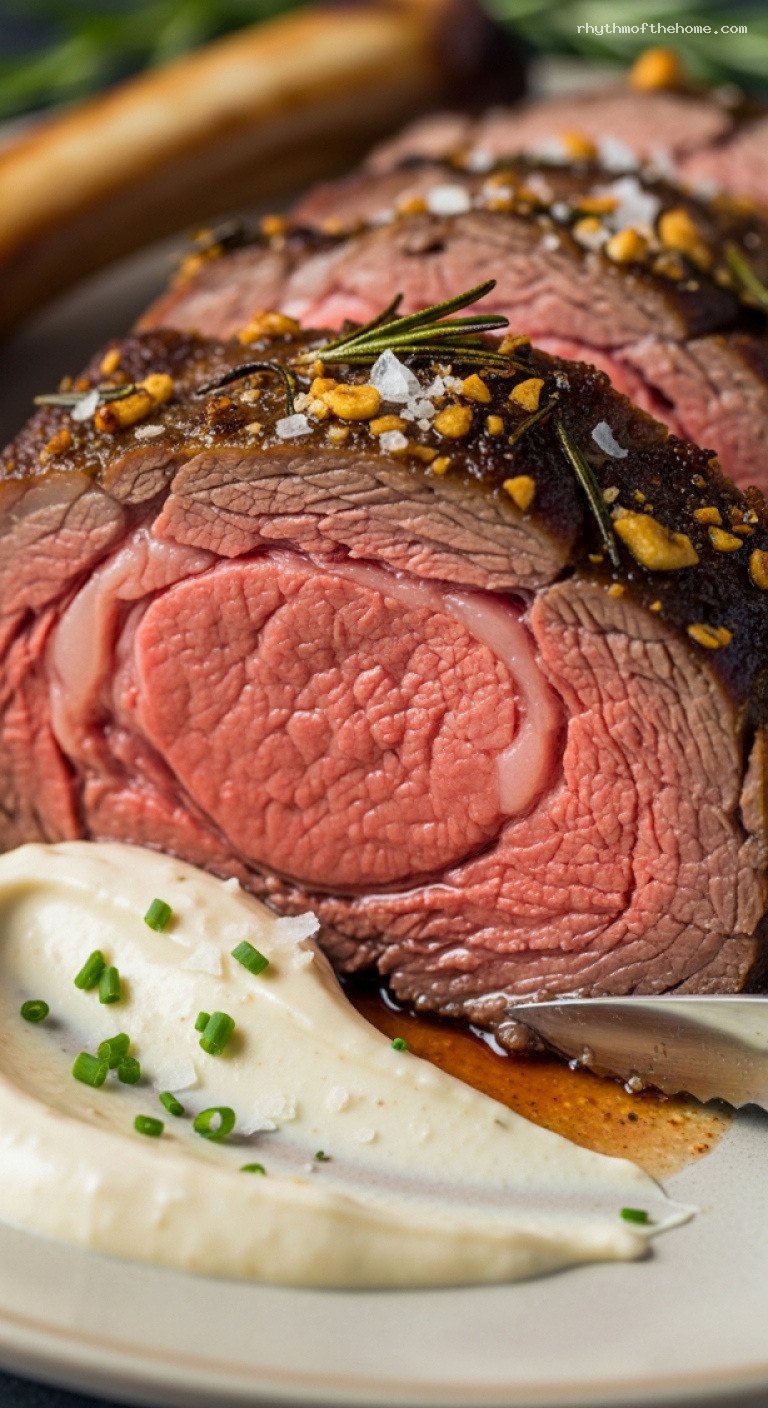 Holiday Pine-Roasted Prime Rib with Horseradish Cream – Closeup