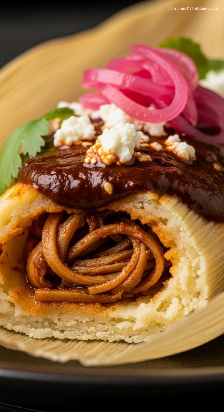 Holiday Pork Mole Tamales with Quick Pickled Onions and Queso – Closeup