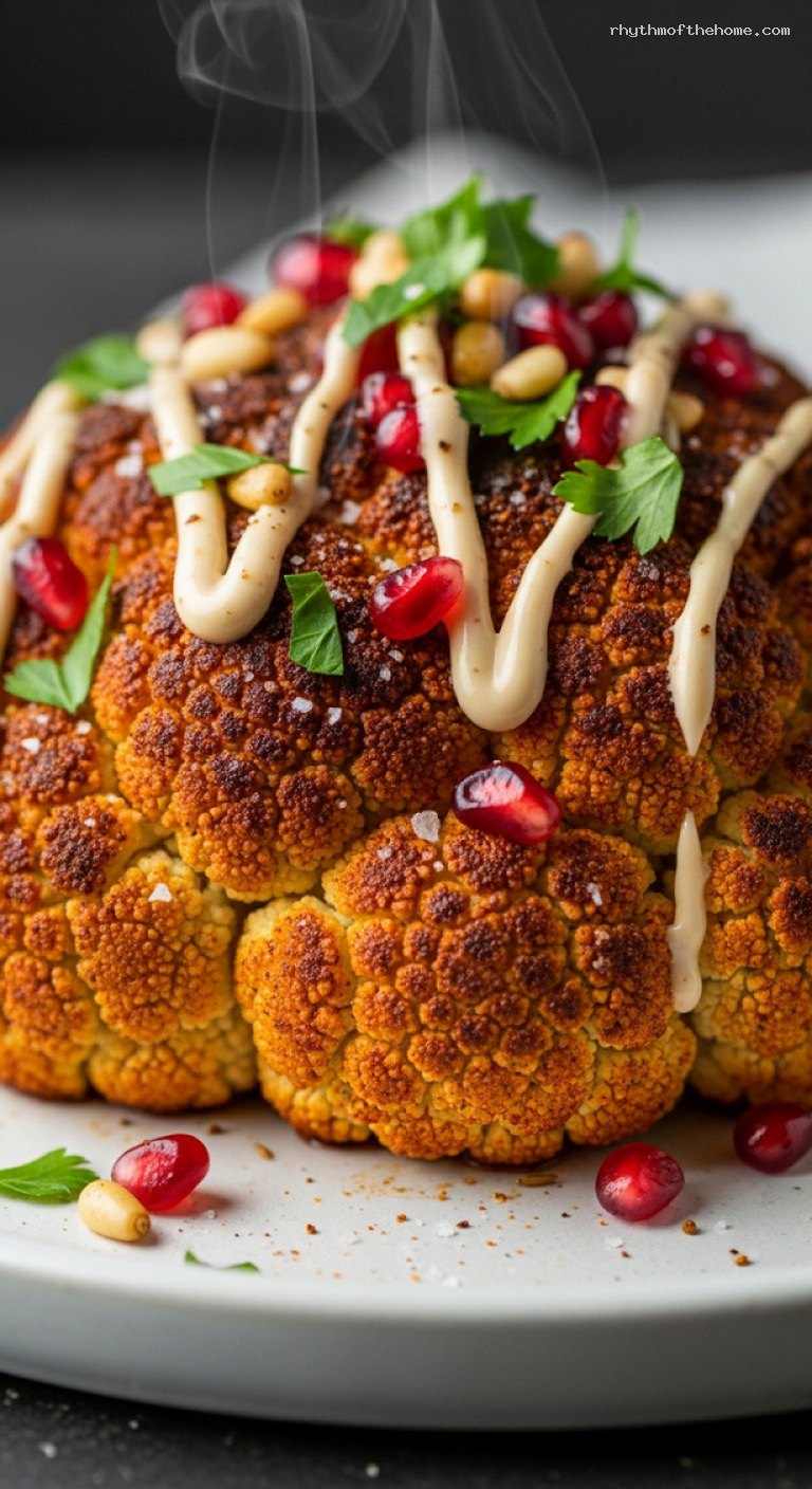 Holiday Roasted Cauliflower Steaks with Tahini and Pomegranate – Closeup