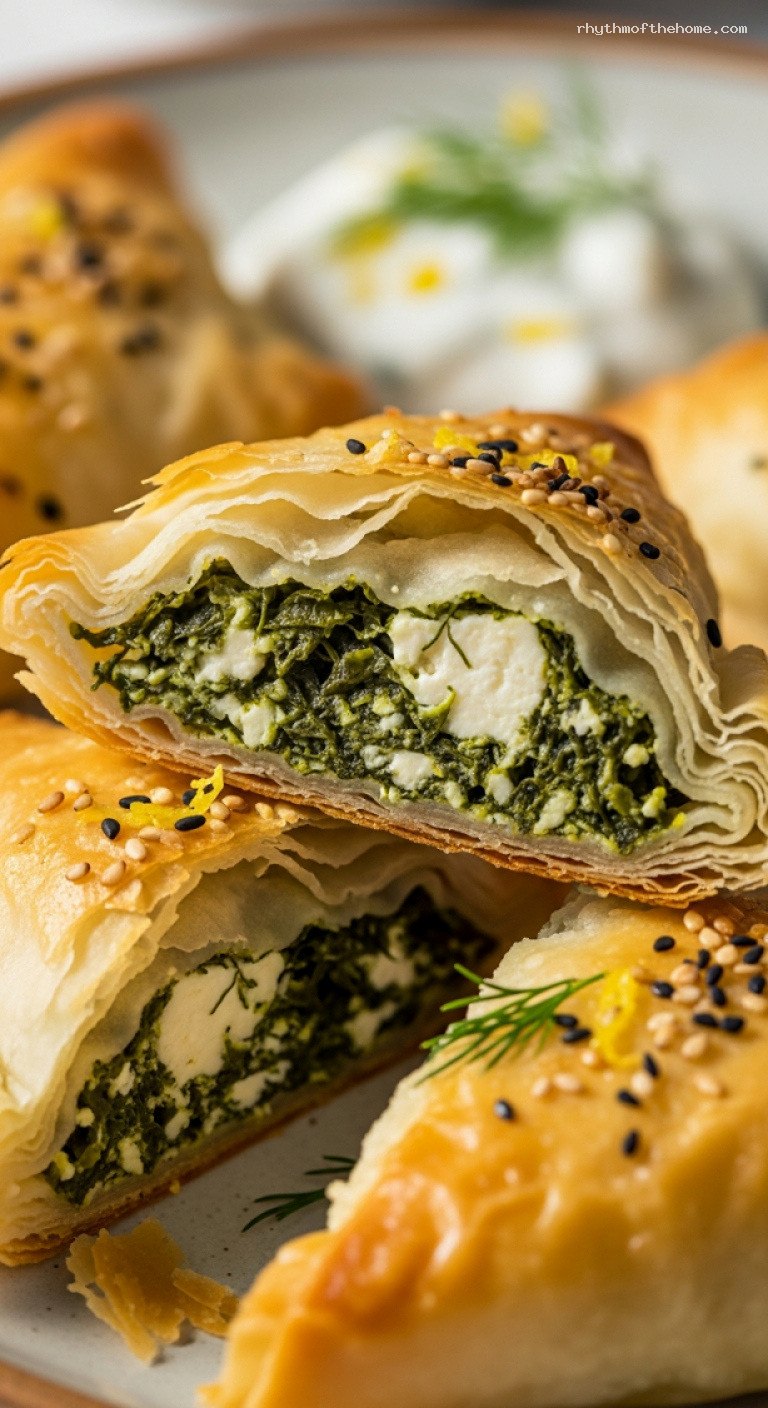Holiday Spanakopita Triangles With Spinach, Feta, and Dill – Closeup