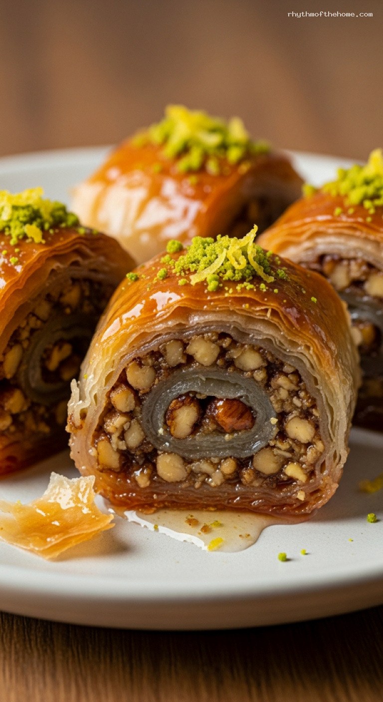 Honey Lemon Baklava Rolls with Spiced Nuts – Closeup