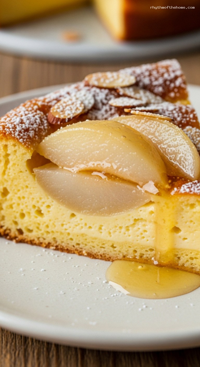 Honey-Roasted Pear Clafoutis with Light Custard Batter – Closeup