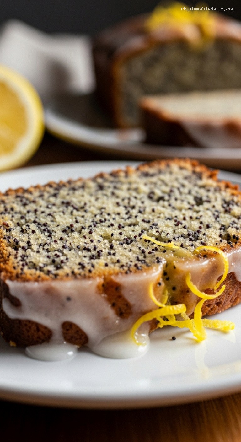 Lemon Poppy Seed Loaf Cake with Tangy Glaze – Closeup