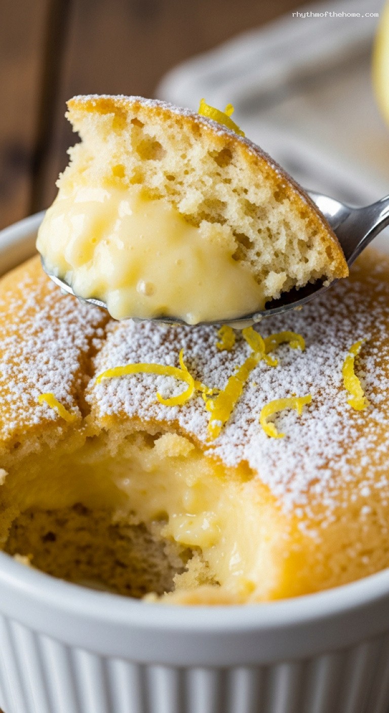 Lemon Pudding Cake with Fluffy Top and Custard Base – Closeup