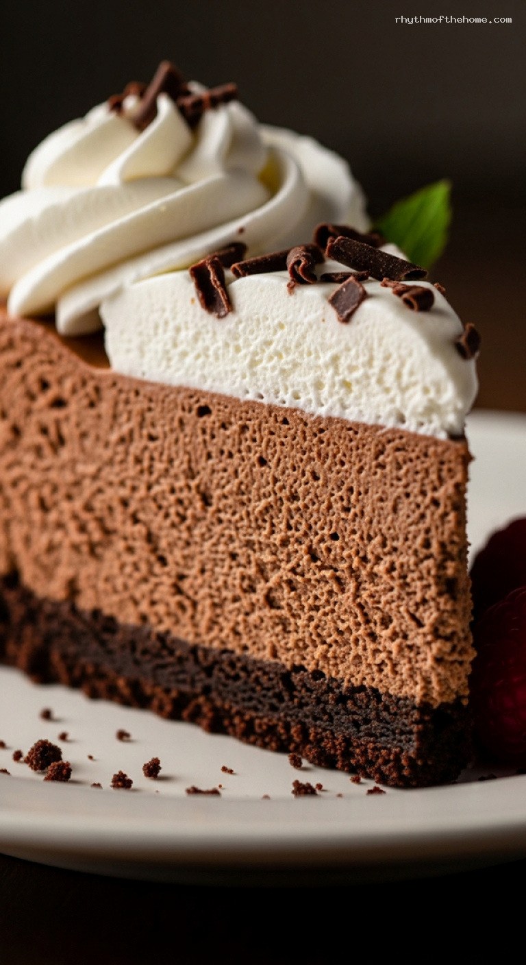 Light Baked Chocolate Mousse Pie with Cookie Crust – Closeup