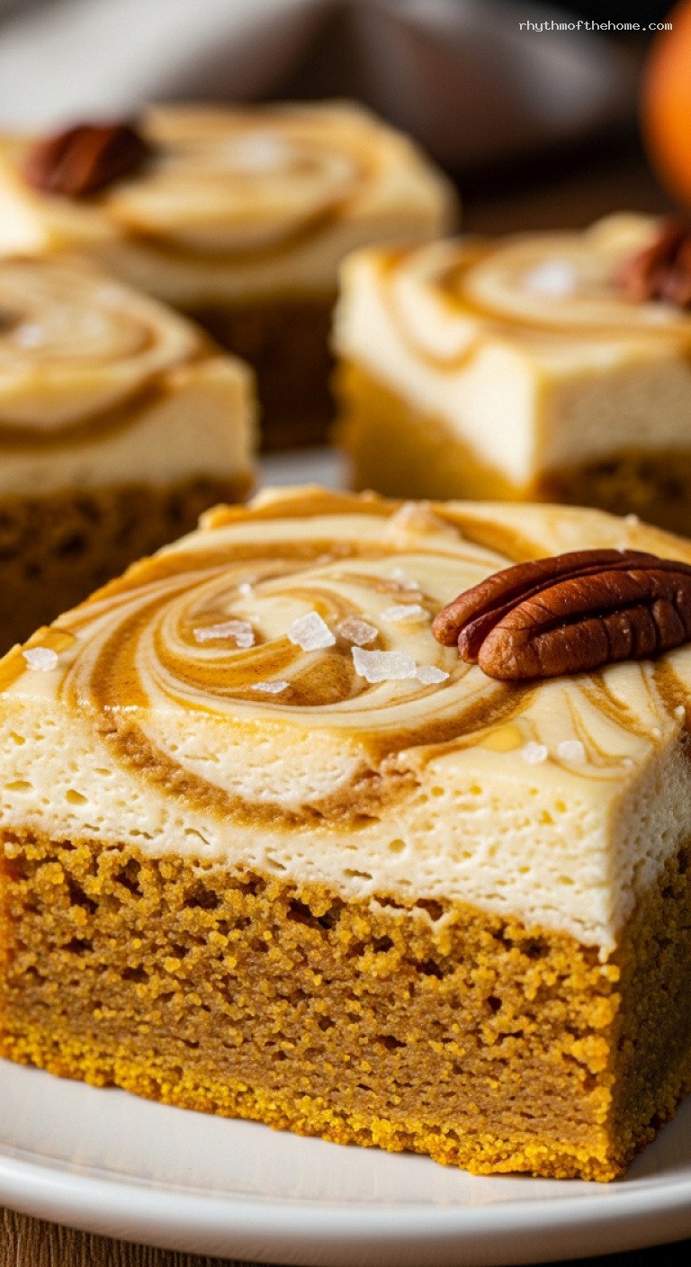 Maple Cream Cheese Swirled Pumpkin Bars – Closeup