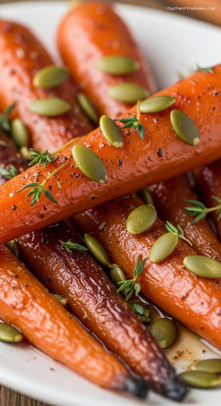 Maple-Glazed Roasted Carrots with Pepitas and Thyme – Closeup