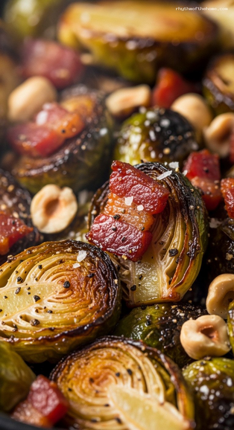 Maple Roasted Brussels Sprouts with Pancetta and Hazelnuts – Closeup