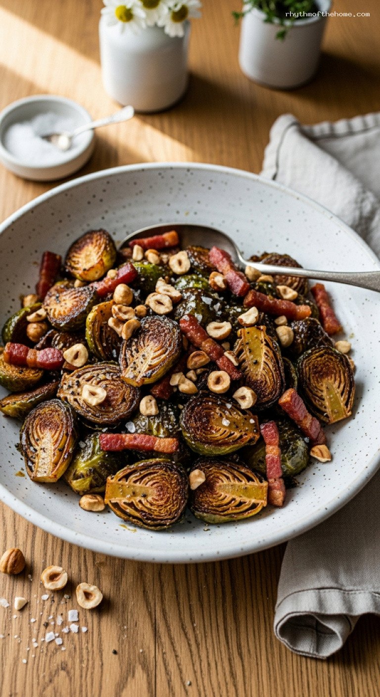 Maple Roasted Brussels Sprouts with Pancetta and Hazelnuts
