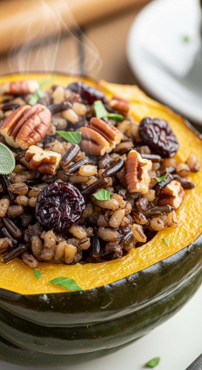 Maple-Sage Wild Rice Stuffed Acorn Squash – Closeup