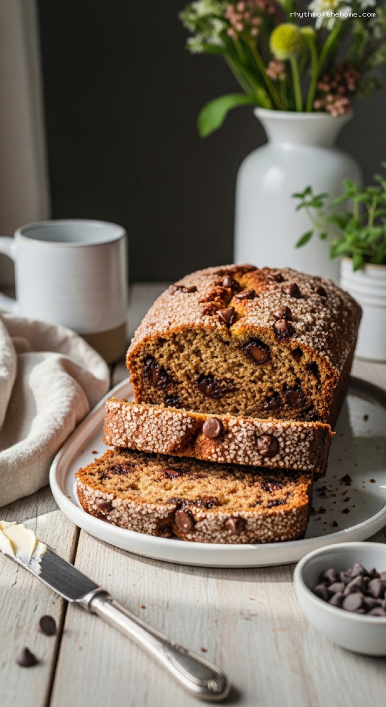 Moist Banana Bread with Chocolate Chips and Sugar Crust