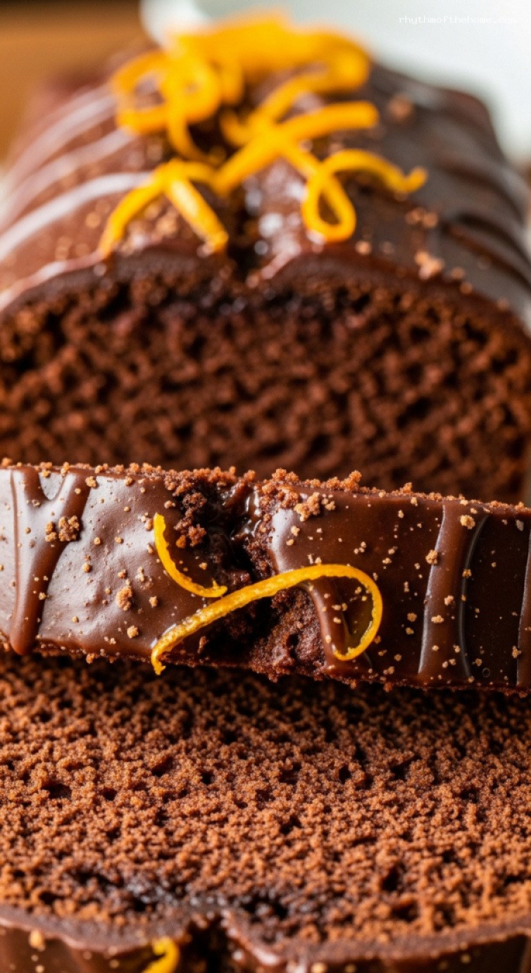 Moist Chocolate Orange Loaf Cake with Citrus Zest – Closeup