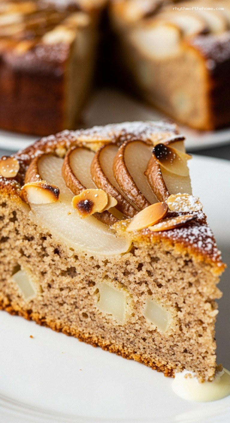 Moist Pear and Almond Cake with Tender Crumb – Closeup
