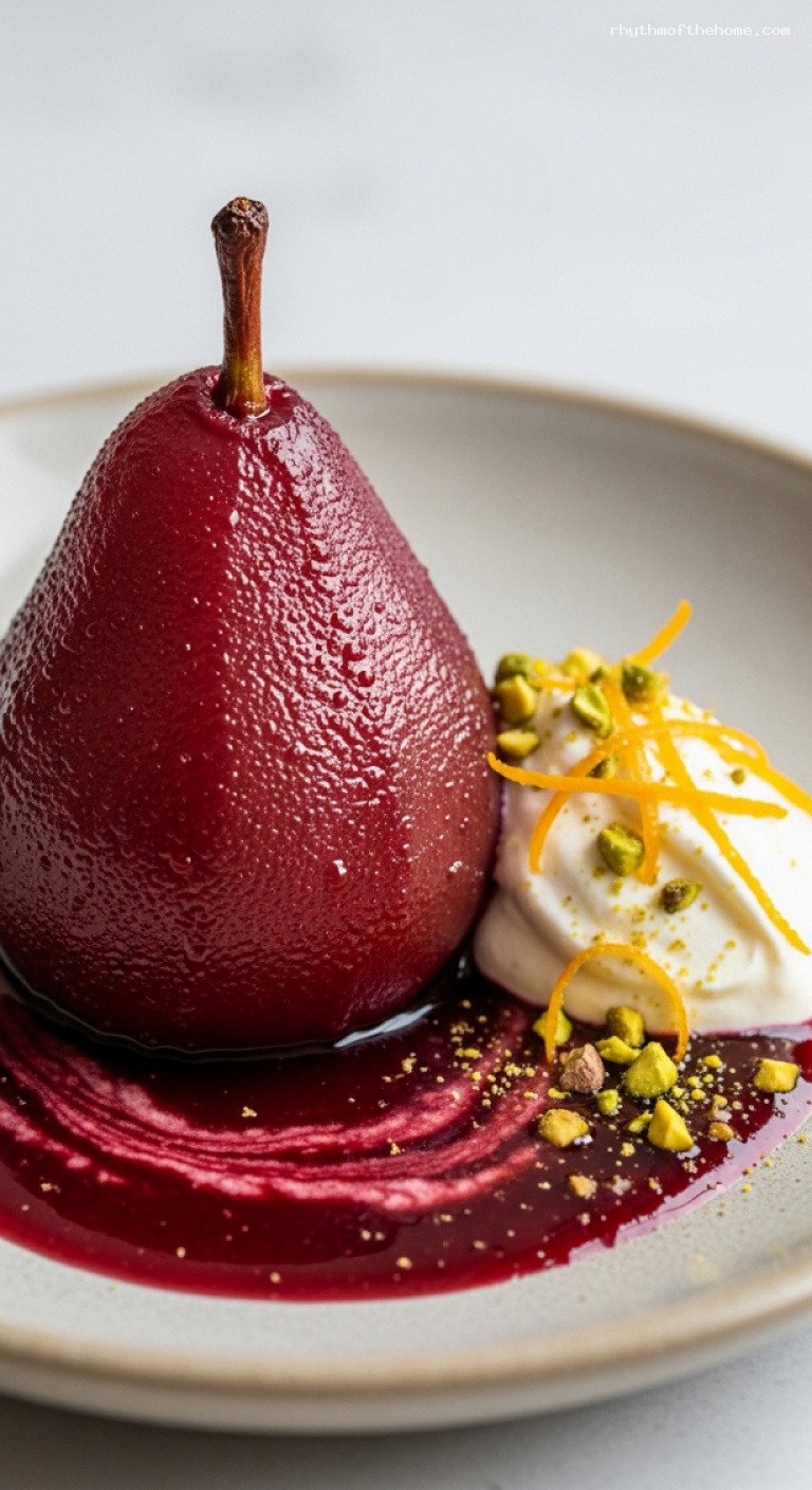 Mulled Wine Poached Pears With Mascarpone – Closeup