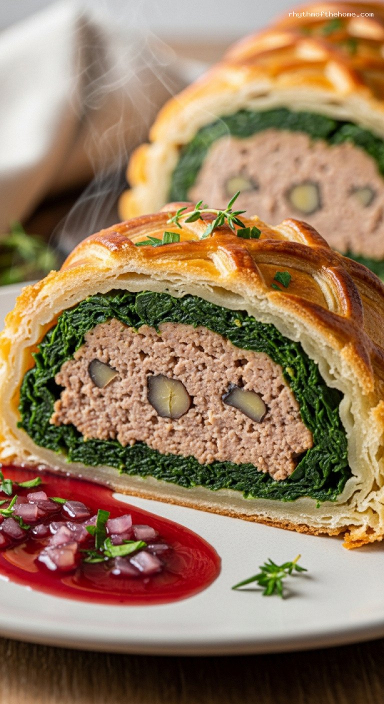 Mushroom and Chestnut Wellington with Red Wine Jus – Closeup