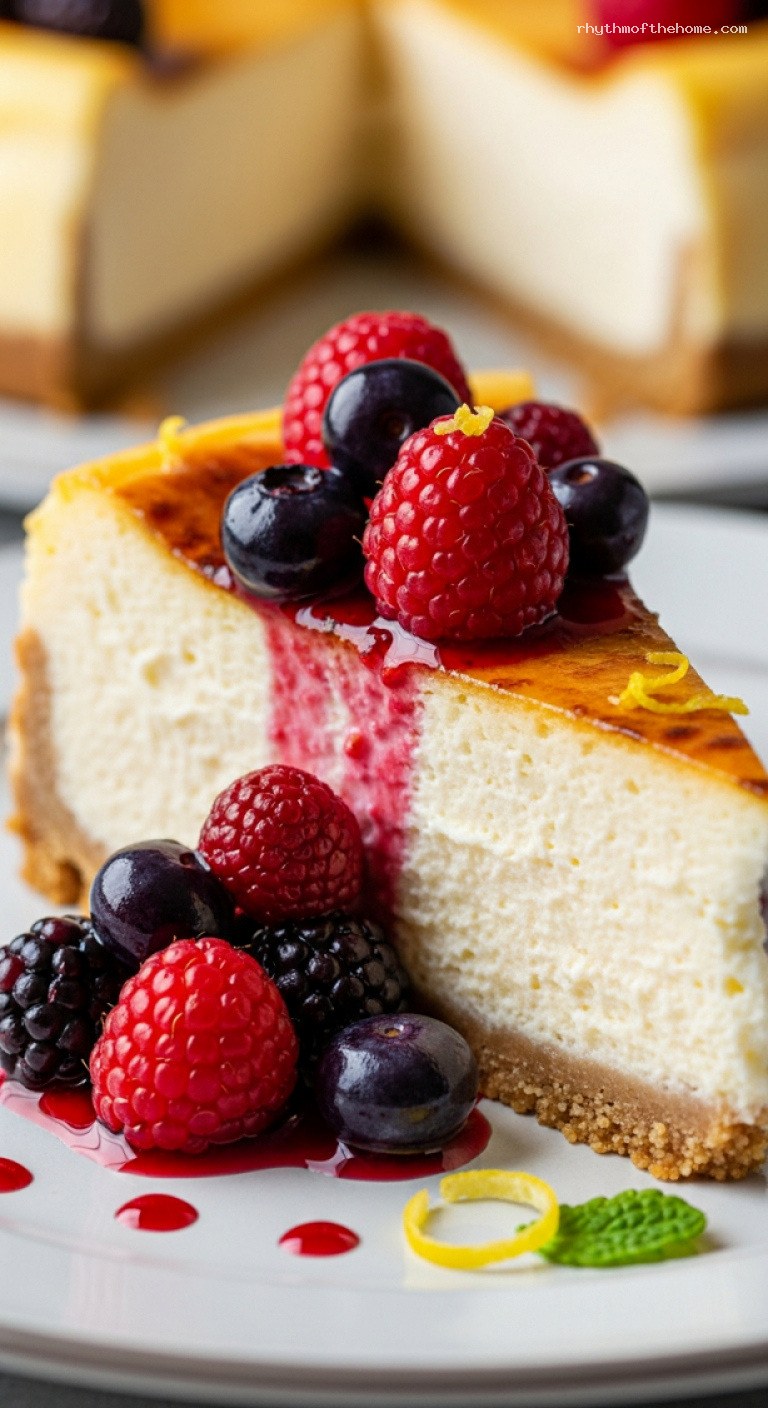 New York Baked Cheesecake With Berry Compote – Closeup
