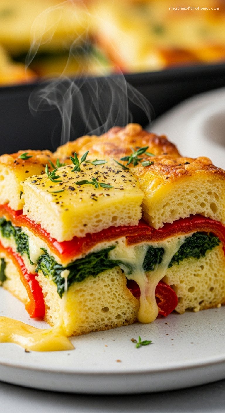 Overnight Christmas Strata With Spinach, Peppers, and Gruyère – Closeup