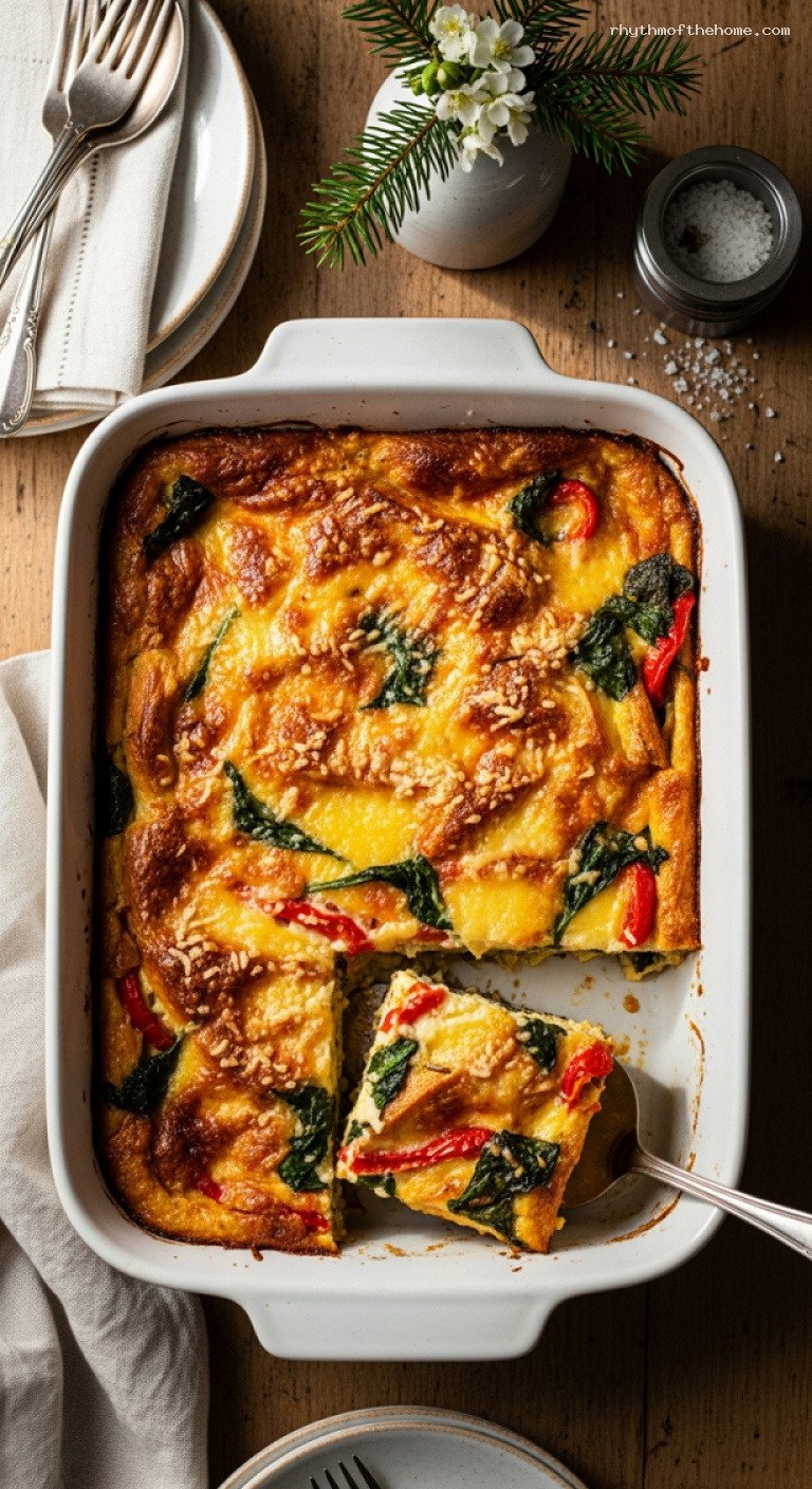 Overnight Christmas Strata With Spinach, Peppers, and Gruyère