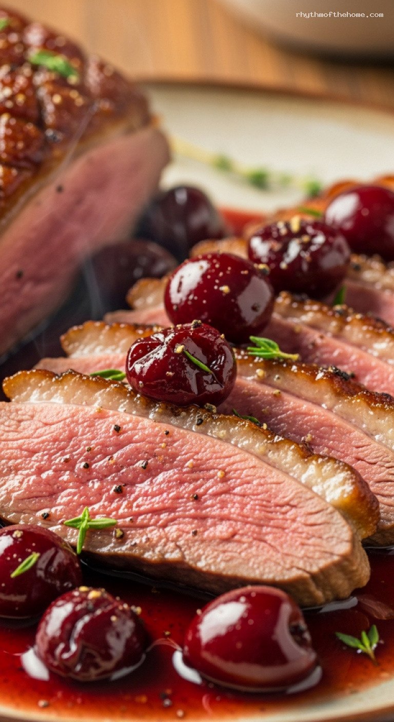 Pan-Seared Duck Breast with Cherry Red Wine Glaze – Closeup