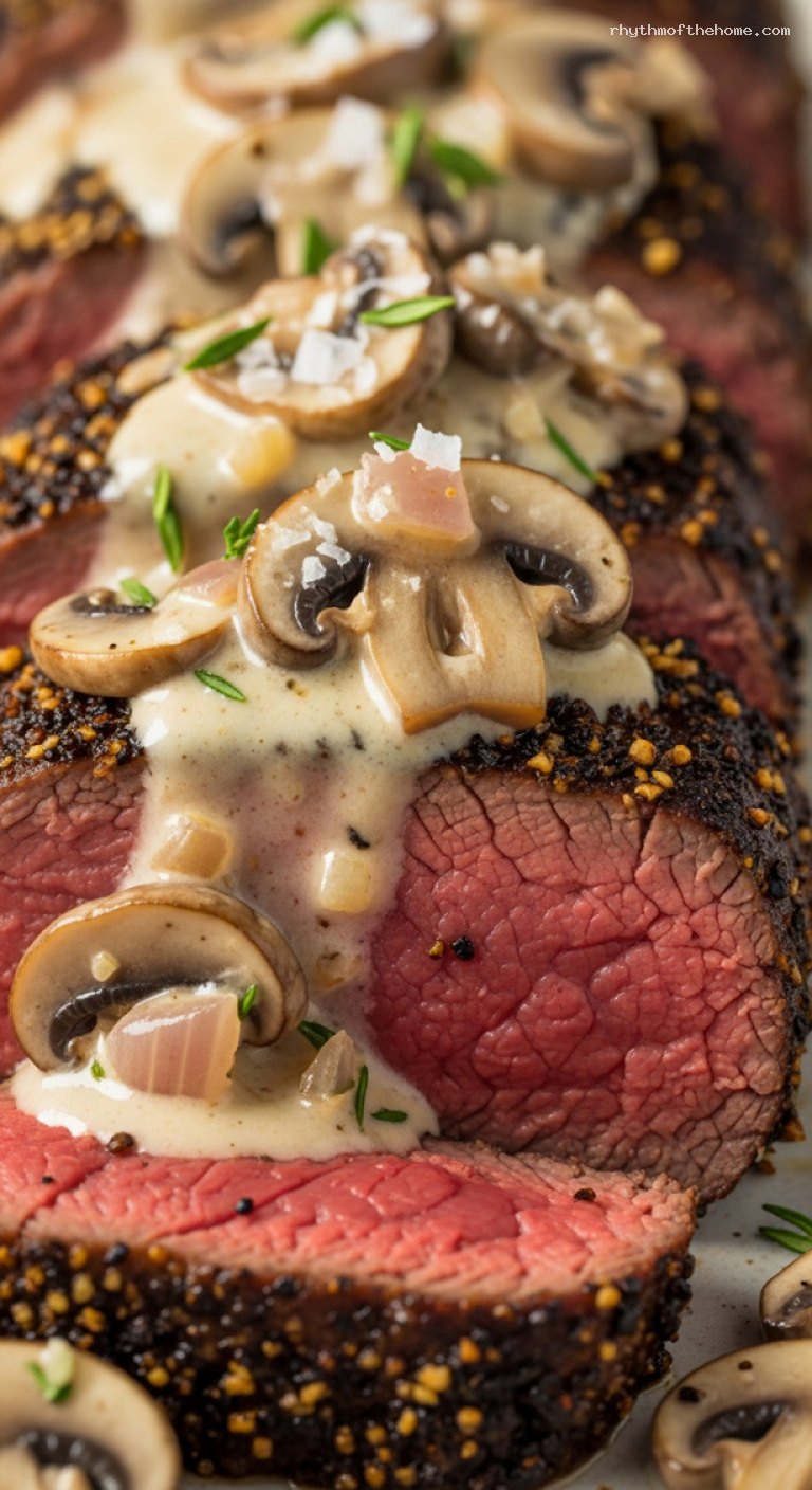 Pepper-Crusted Beef Tenderloin with Mushroom Cognac Cream – Closeup