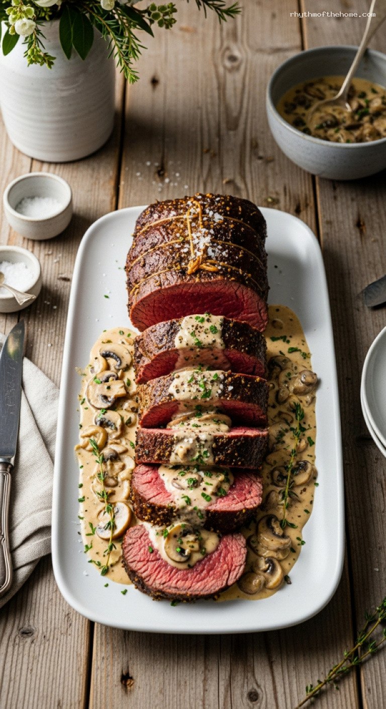 Pepper-Crusted Beef Tenderloin with Mushroom Cognac Cream