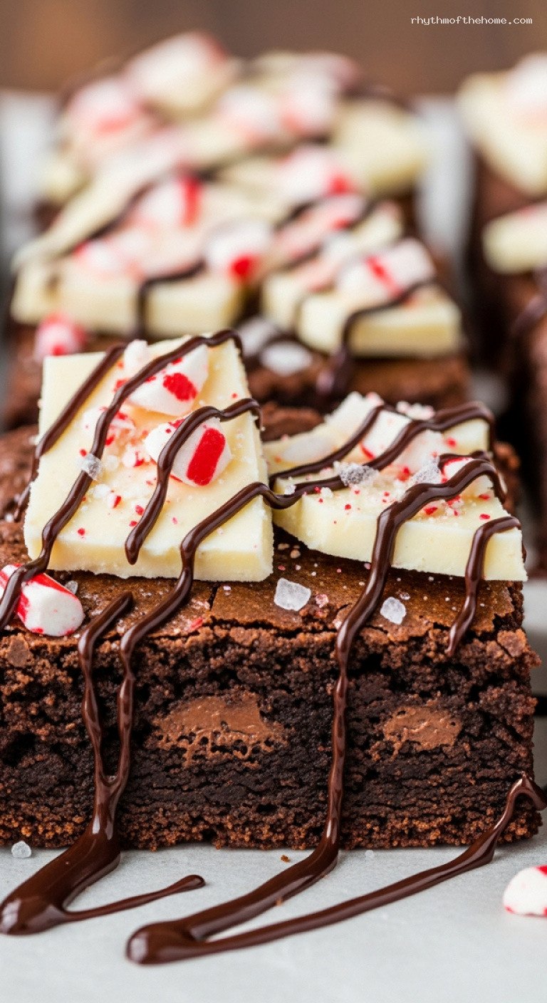 Peppermint Bark Brownies with Dark Chocolate Drizzle – Closeup