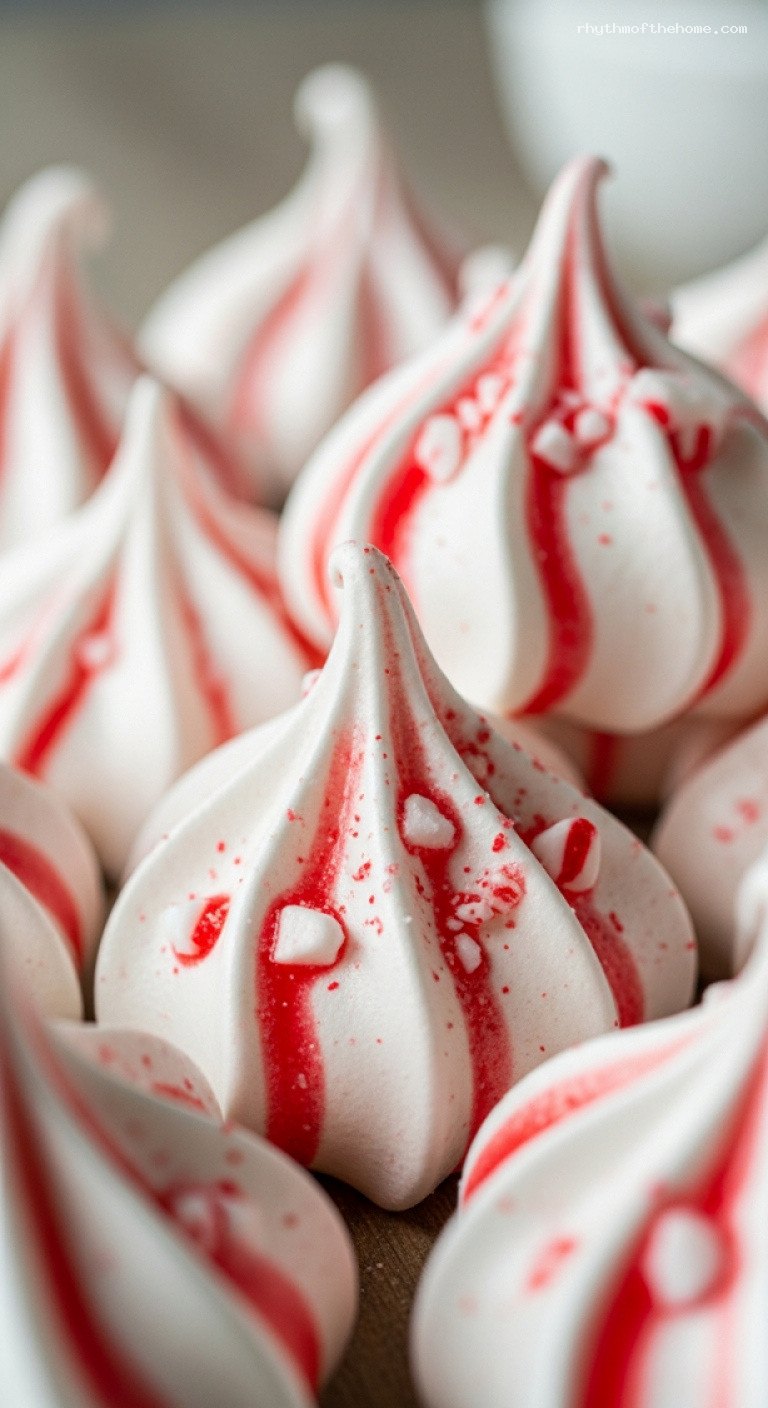 Peppermint Swirl Meringue Cookies With Candy Cane Stripes – Closeup