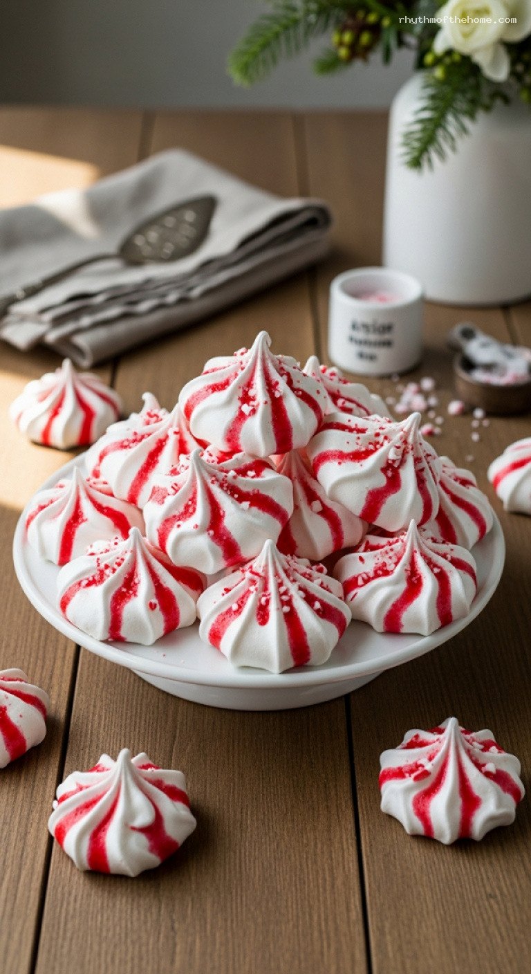 Peppermint Swirl Meringue Cookies With Candy Cane Stripes