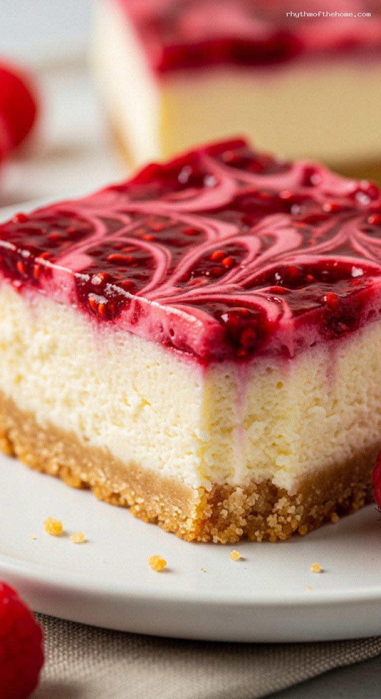 Raspberry Swirl Cheesecake Bars with Buttery Shortbread Crust – Closeup