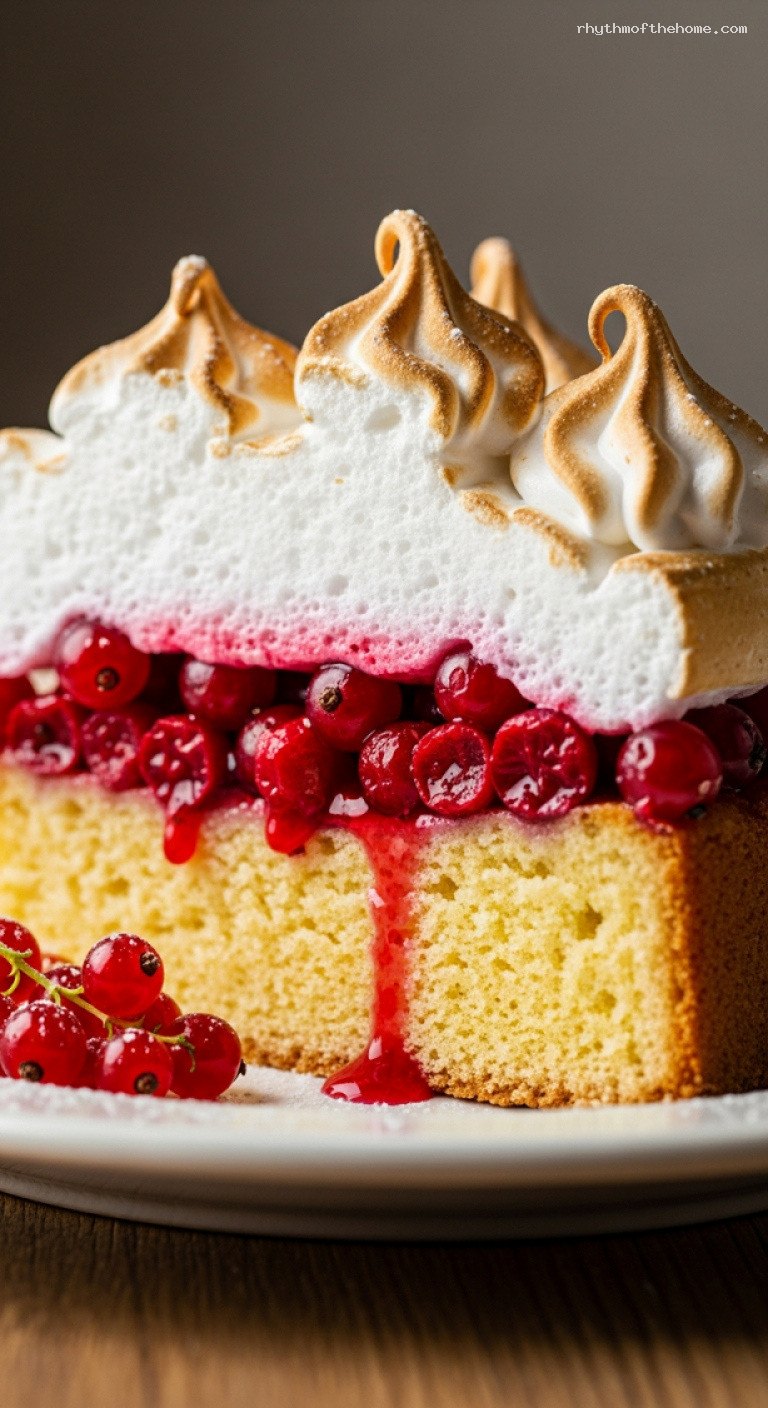 Red Currant Cake With Fluffy Meringue Topping – Closeup