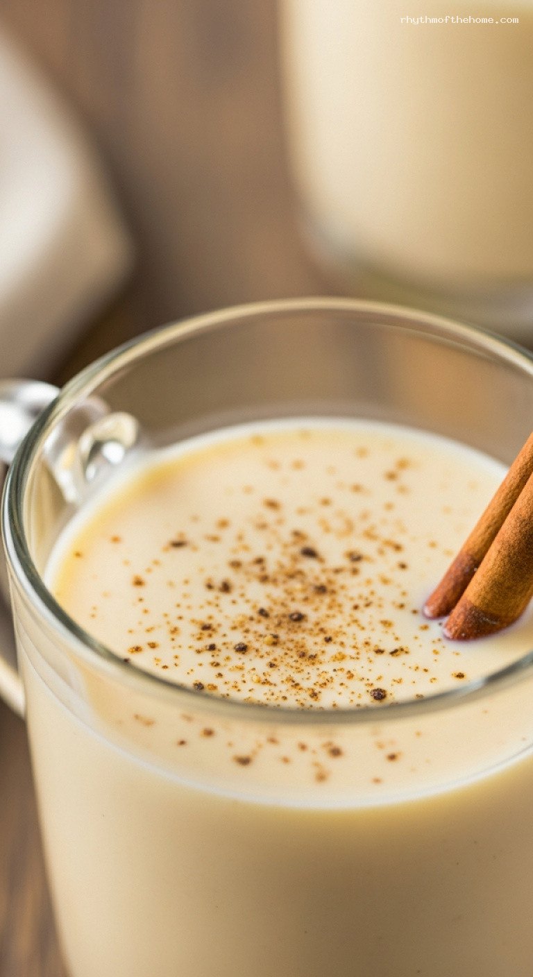 Rich Homemade Eggnog With Rum, Bourbon, and Nutmeg – Closeup