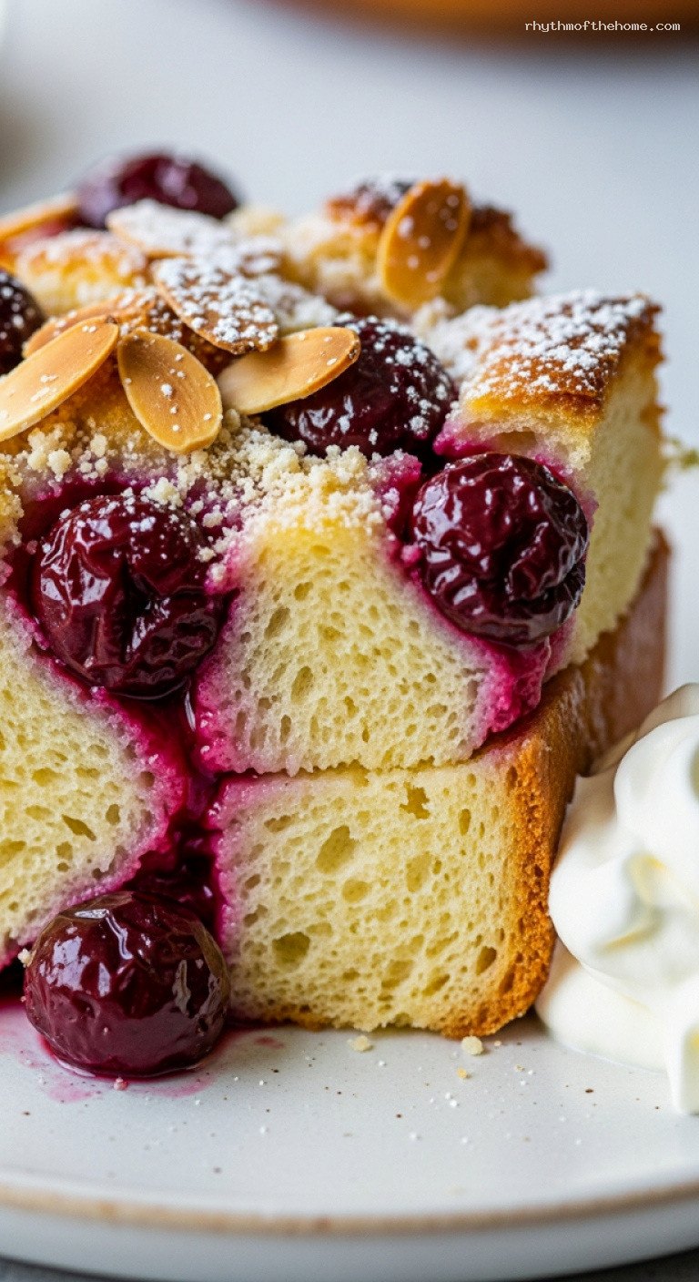 Rustic Kirschmichel Bread Pudding With Sour Cherries – Closeup