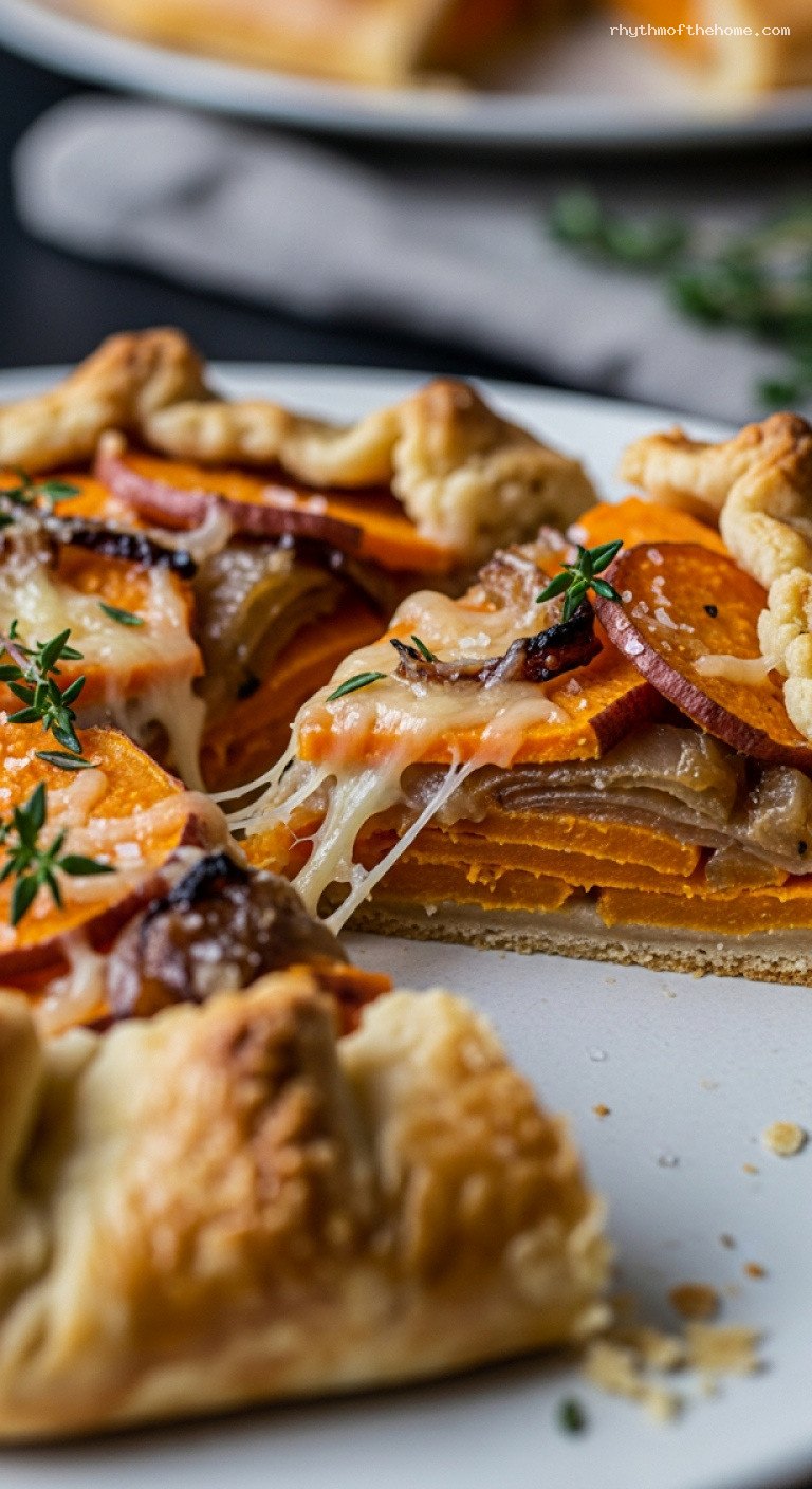 Rustic Sweet Potato and Caramelized Onion Galette with Gruyère – Closeup