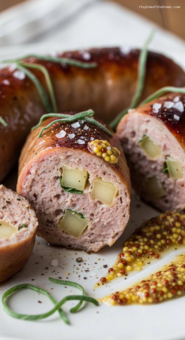Sage and Apple Pork Sausages with Mustard – Closeup