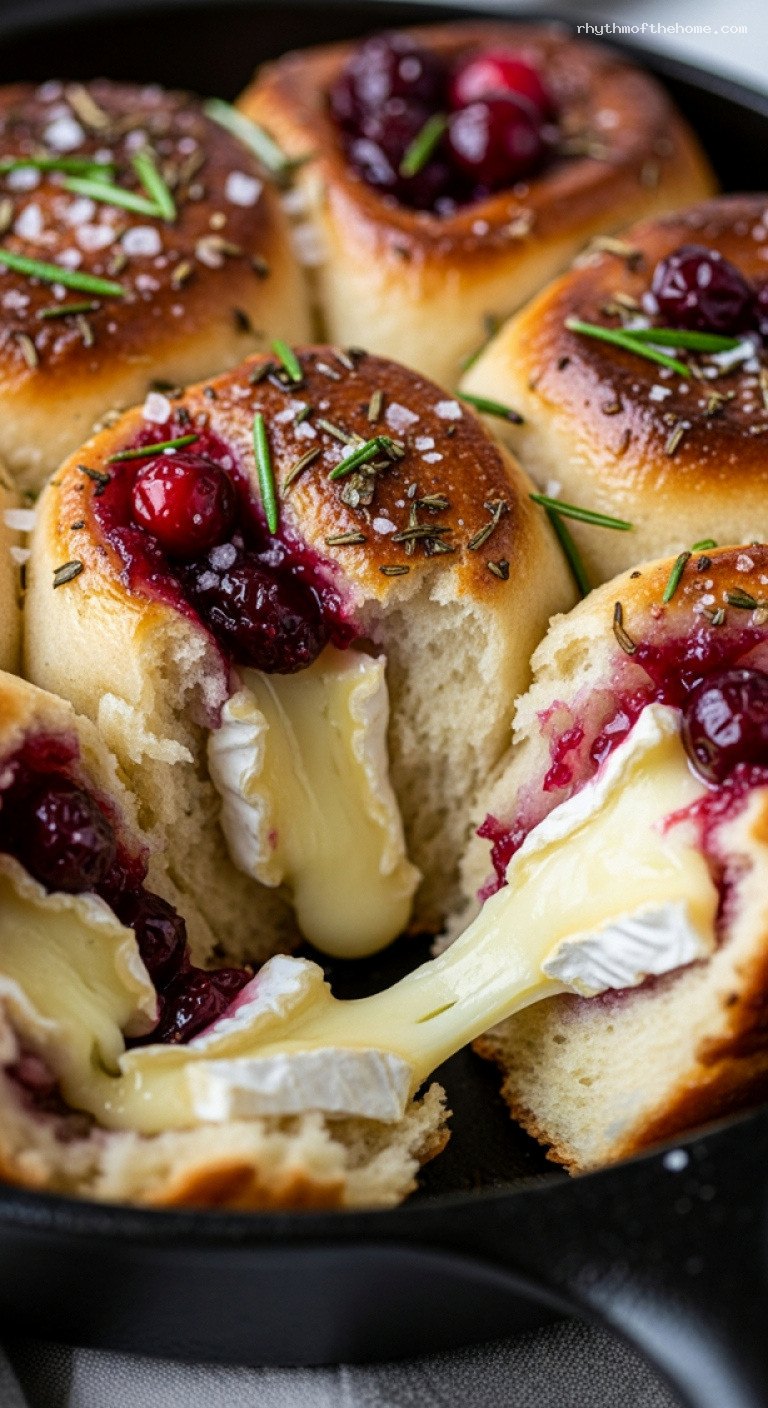 Savory Cranberry Brie Pull-Apart Rolls With Rosemary Butter – Closeup