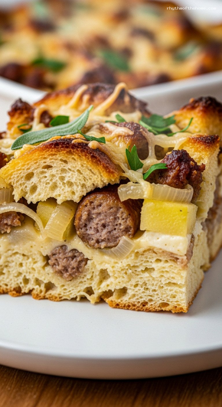 Savory Sausage and Apple Bread Pudding Stuffing – Closeup