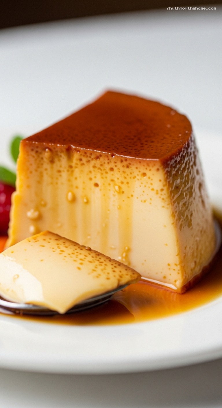 Silky Vanilla Caramel Flan Baked Custard – Closeup
